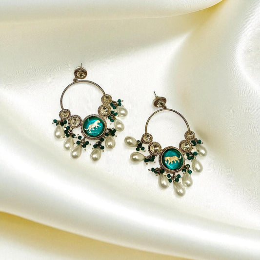Emerald Green Dangle Earrings, Antique Gold Indian Jewelry