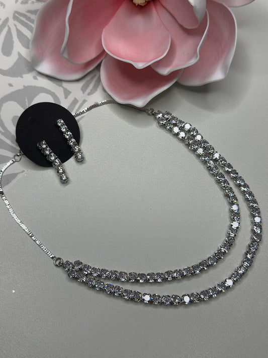 Double layer solitaire cubic zarconia ad silver plated finish necklace set