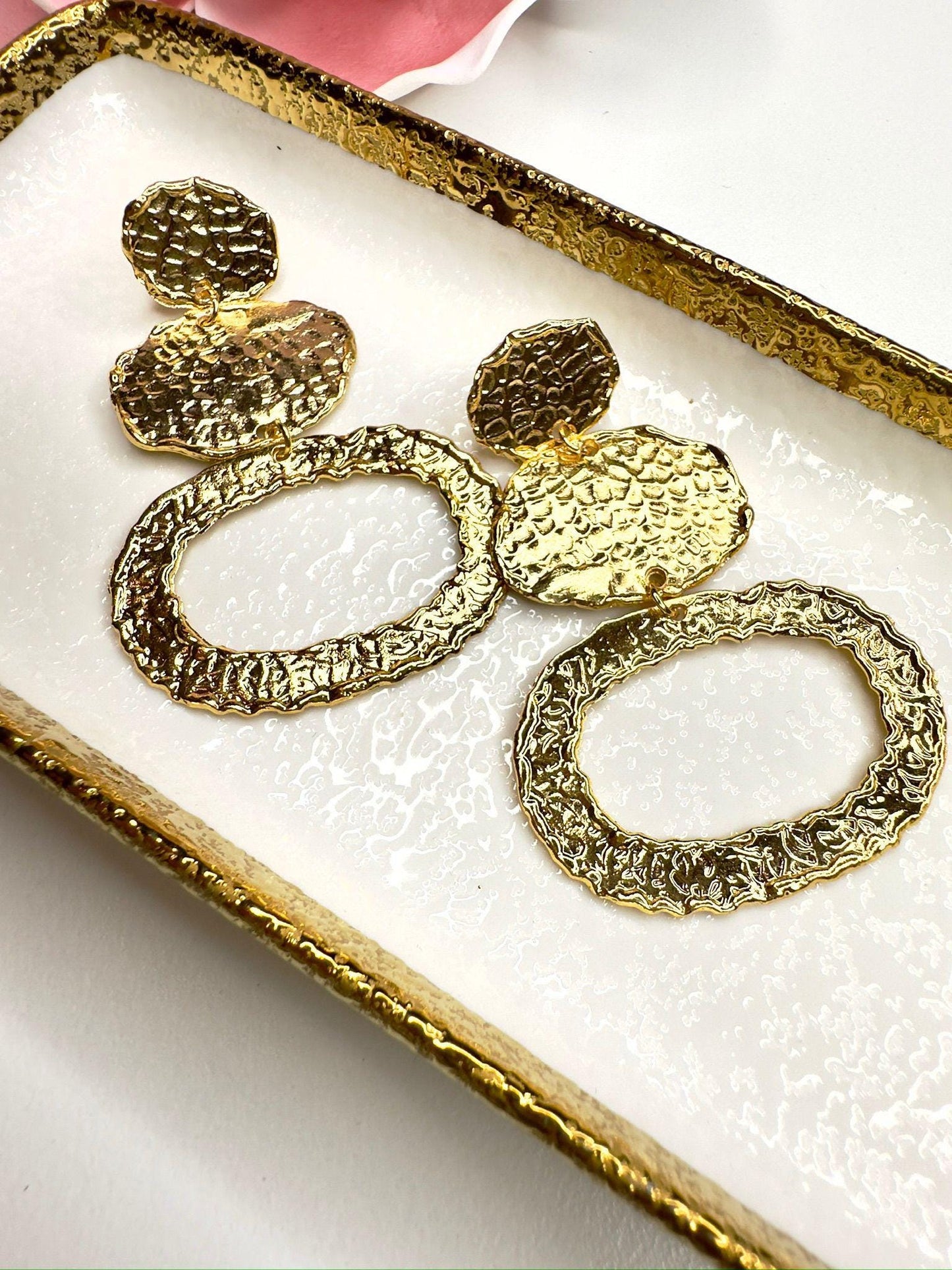 Hammered Gold Circle Earrings - Organic Textured Dangle Earrings - Boho Chic Jewelry