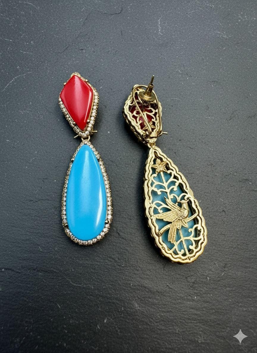 Multi Color Sabyasachi inspired Statement Earrings | Gold Plated CZ Dangler Jewelry | Modern Luxury highend Earrings |  Party Drop Earrings