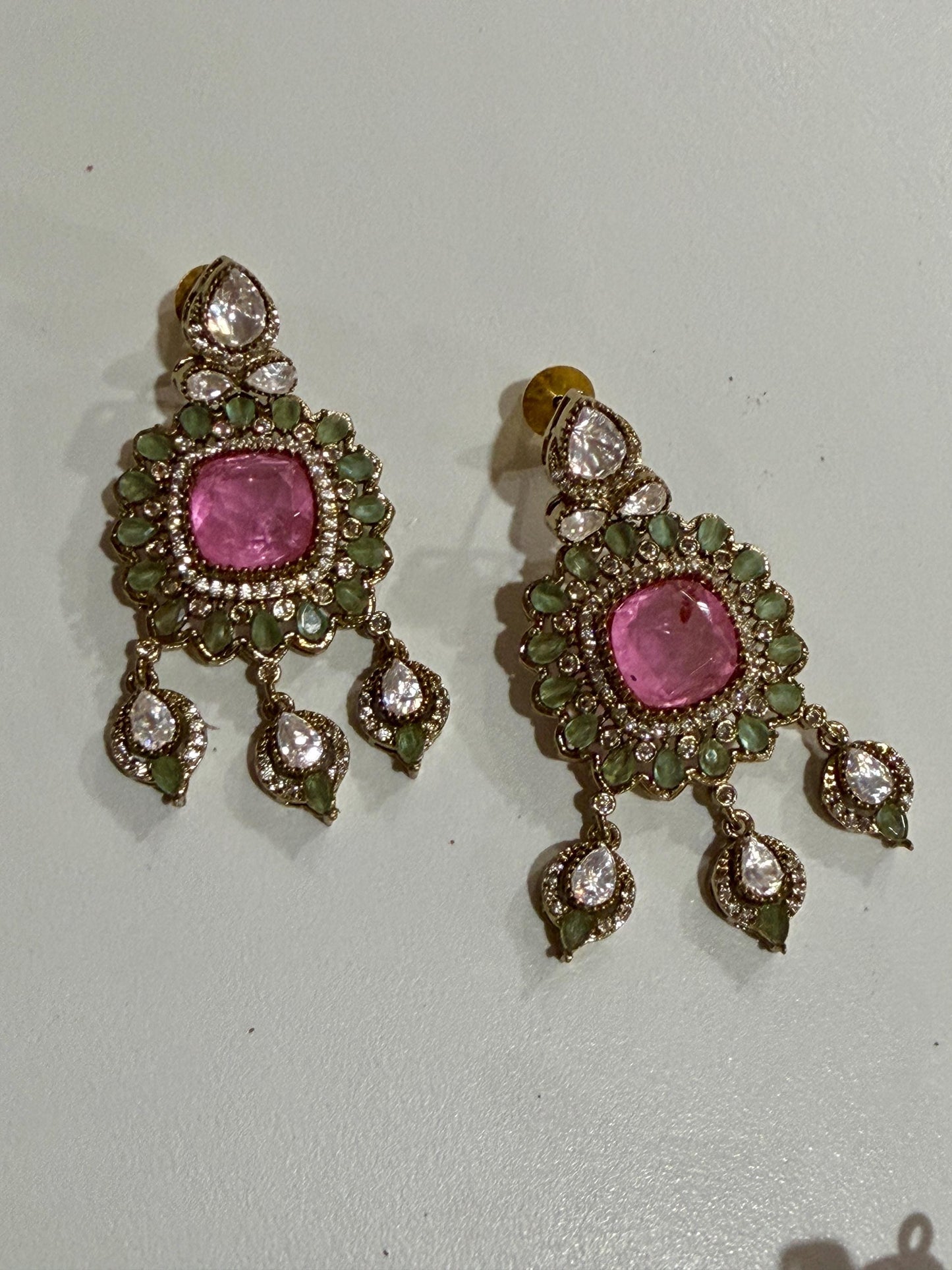 Designer high end Gold-Plated monzonite Necklace Earring Set, pink double Stones & mint stones.