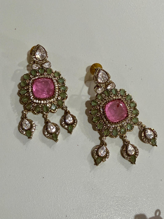 Designer high end Gold-Plated monzonite Necklace Earring Set, pink double Stones & mint stones.