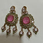 Designer high end Gold-Plated monzonite Necklace Earring Set, pink double Stones & mint stones.