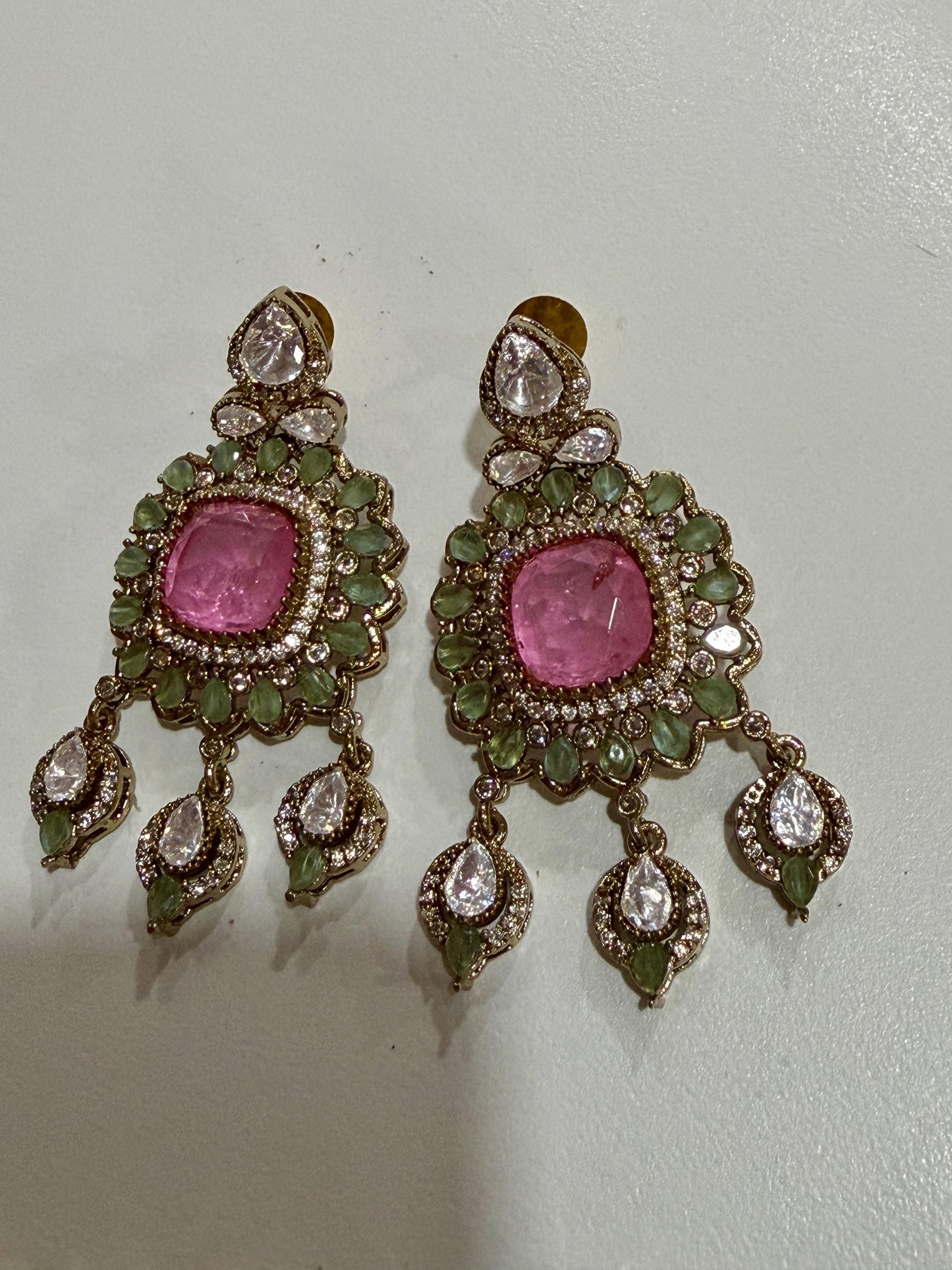 Designer high end Gold-Plated monzonite Necklace Earring Set, pink double Stones & mint stones.