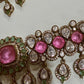 Designer high end Gold-Plated monzonite Necklace Earring Set, pink double Stones & mint stones.