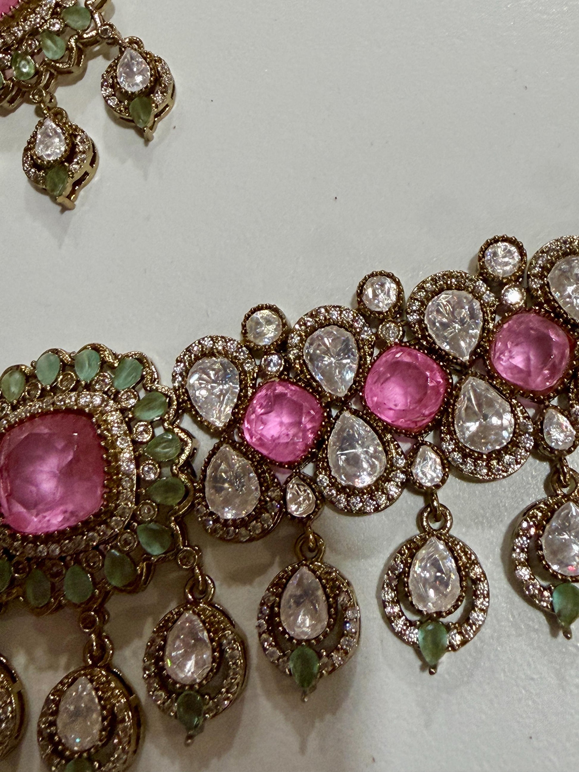 Designer high end Gold-Plated monzonite Necklace Earring Set, pink double Stones & mint stones.