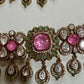 Designer high end Gold-Plated monzonite Necklace Earring Set, pink double Stones & mint stones.