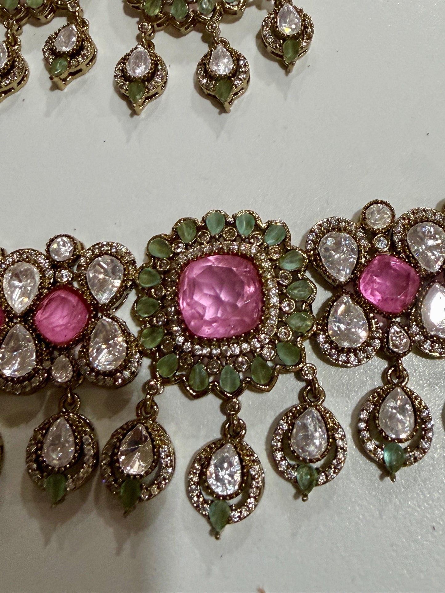 Designer high end Gold-Plated monzonite Necklace Earring Set, pink double Stones & mint stones.