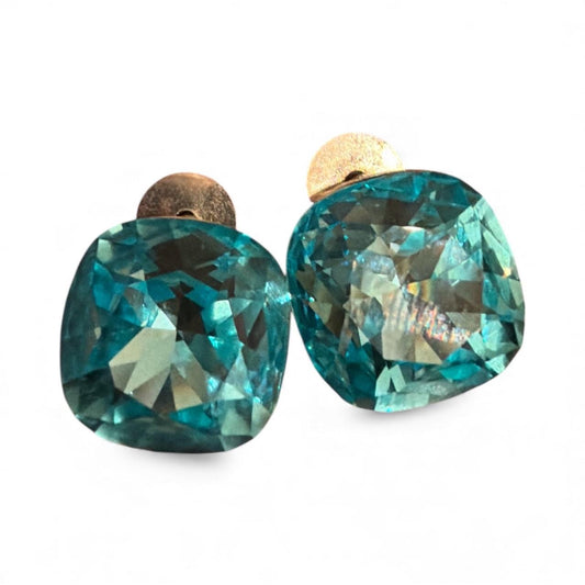 Aqua Cushion-Cut Crystal Stud Earrings | Silver Tone, Handmade