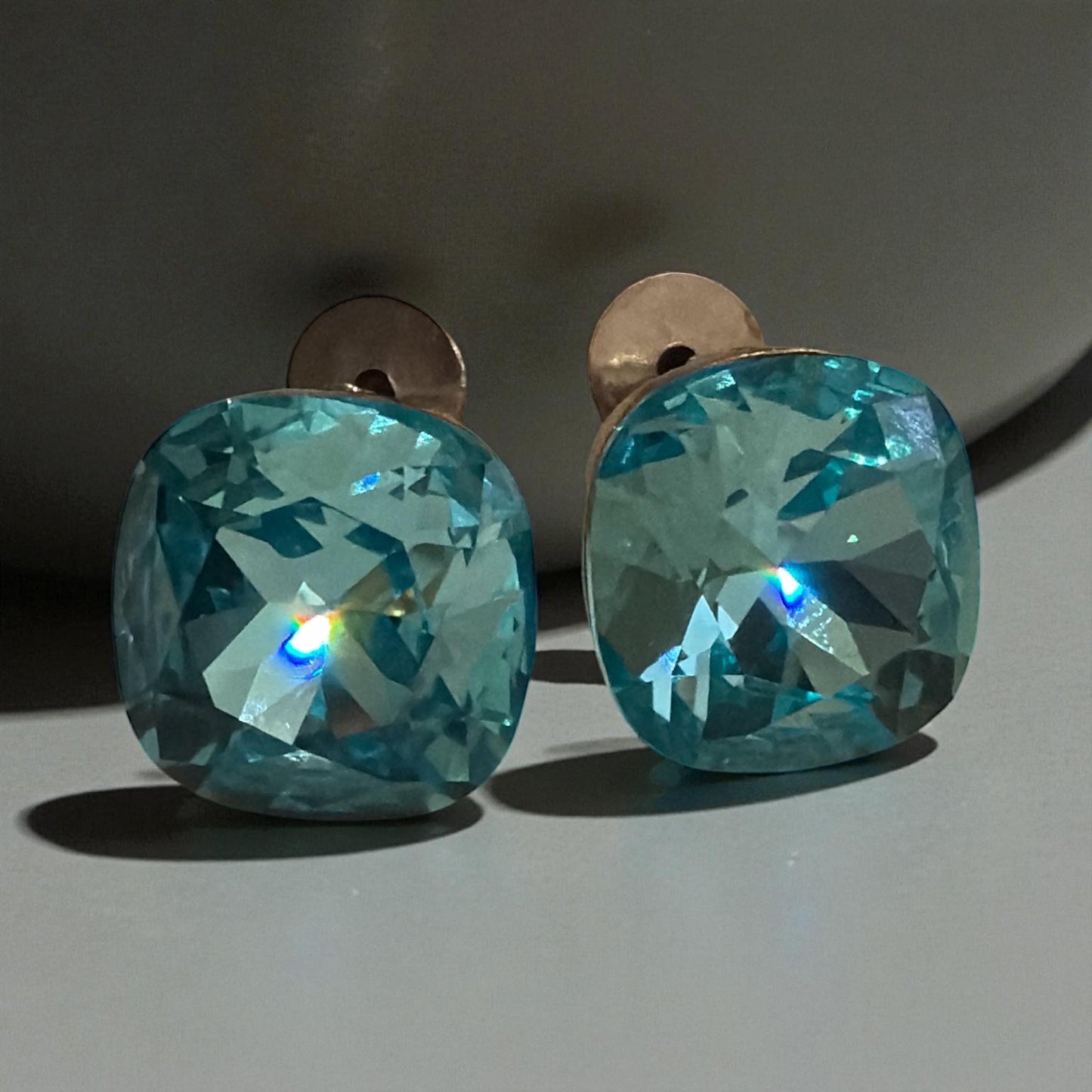 Aqua Cushion-Cut Crystal Stud Earrings | Silver Tone, Handmade