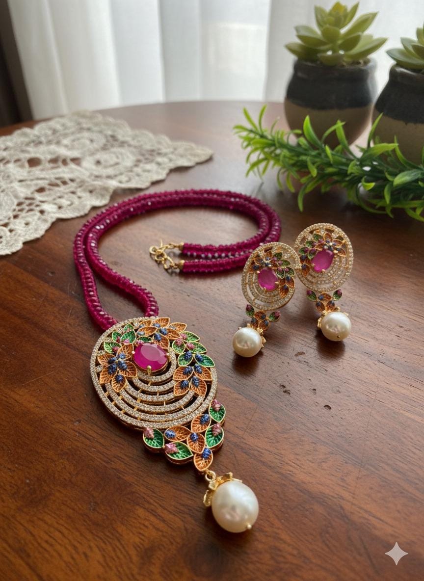 Peacock Style Ruby Pearl Necklace Set | Indian Bridal Jewelry | Kundan Enamel Pendant with Earrings | Festive Wedding Jewelry Gift for Her