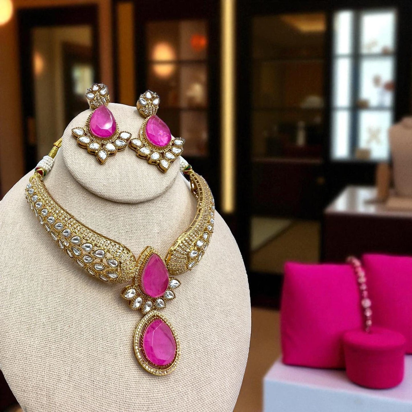 Hot Pink Choker Necklace with Micro Gold Plated - Traditional Indian Jewelry