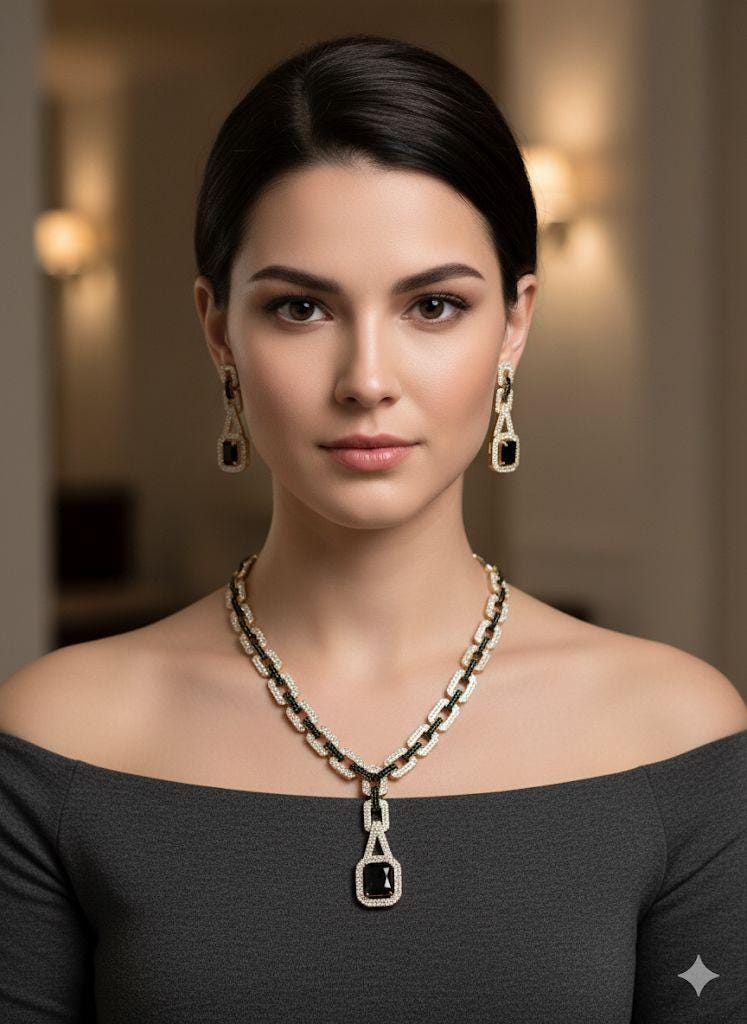 Black Luxe Chain Pendant Set | Crystal Link Necklace & Earrings | Modern Statement Jewelry Gift