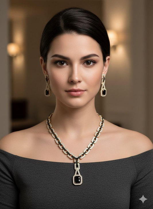 Black Luxe Chain Pendant Set | Crystal Link Necklace & Earrings | Modern Statement Jewelry Gift