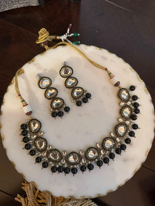 Black Kundan Bead Necklace Set | Bridal Ethnic Jewelry | Polki Mirror Choker with Earrings | Handmade Indian Gift for Her
