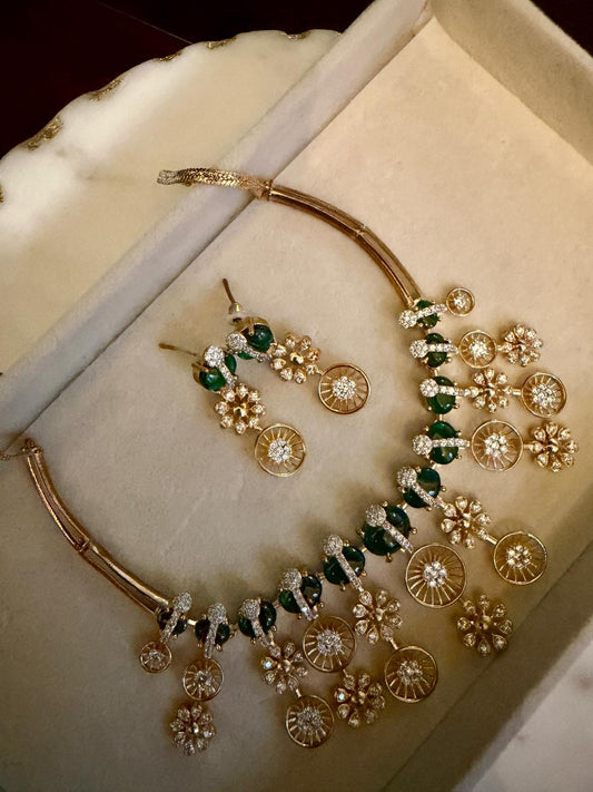 Emerald Floral Choker Set | Gold Crystal Necklace & Earrings | Bridal Jewelry | Statement Wedding Set