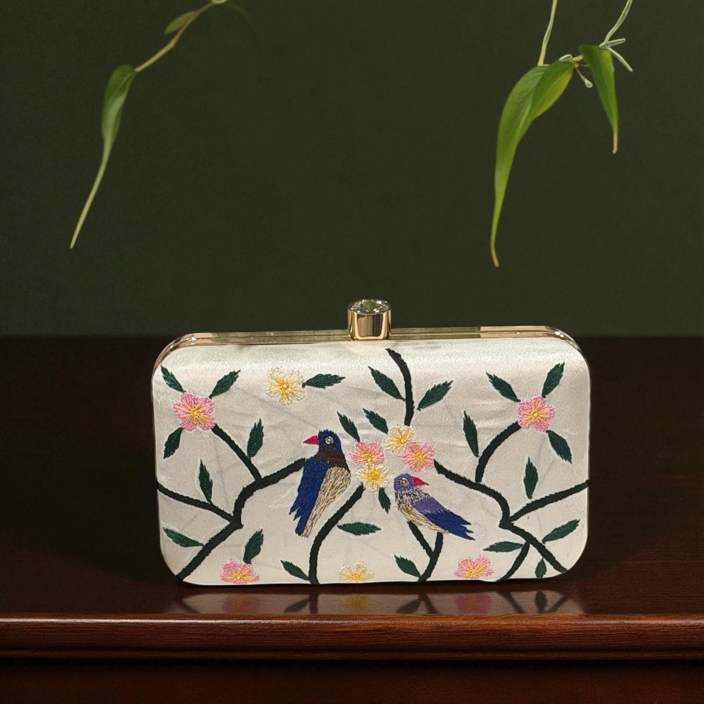 Floral Bird Embroidery Clutch – Luxury Bridal Handbag – Elegant Satin Box Purse