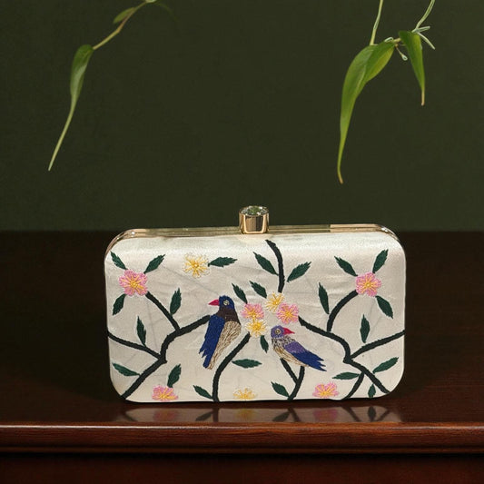 Floral Bird Embroidery Clutch – Luxury Bridal Handbag – Elegant Satin Box Purse