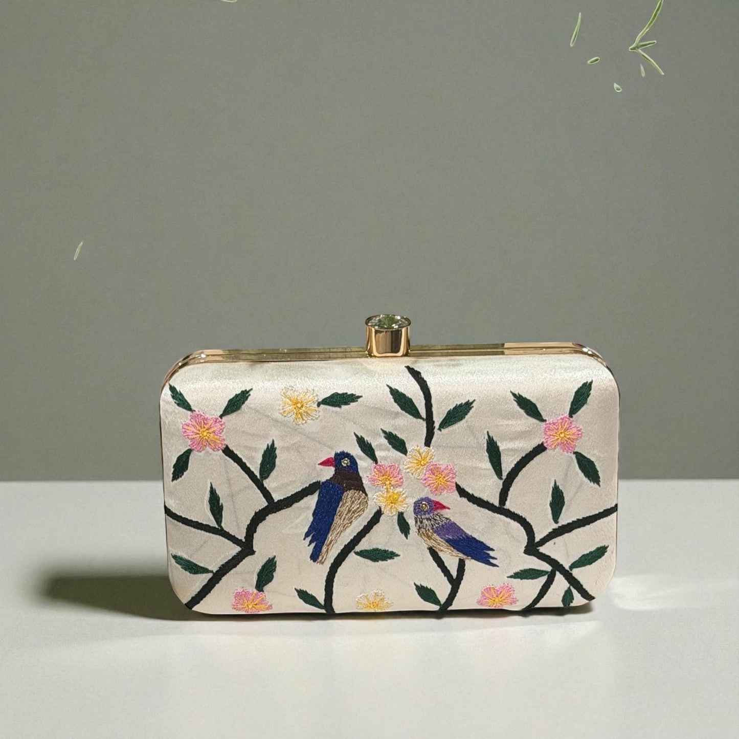 Floral Bird Embroidery Clutch – Luxury Bridal Handbag – Elegant Satin Box Purse