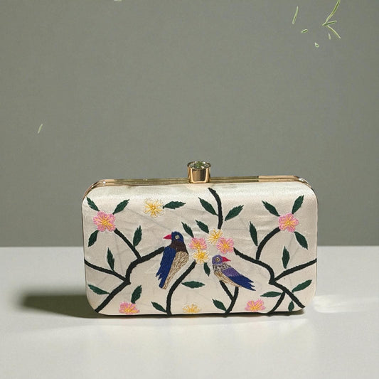 Floral Bird Embroidery Clutch – Luxury Bridal Handbag – Elegant Satin Box Purse