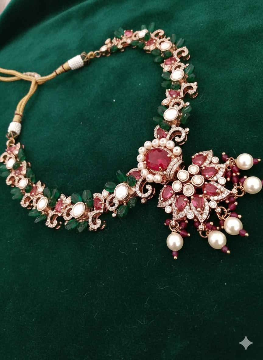 Regal Ruby & Emerald Bridal Choker | Kundan Pearl Necklace Set | Indian Wedding Jewelry | Pakistani Bridal Jewellery