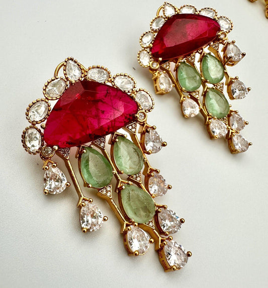 Bollywood Indian Designer high end Earrings with doublet stone, gold finish,Victorian,Ad stones
