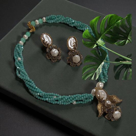 Turquoise Pearl Necklace Set | Baroque Pearl Pendant Jewelry | Handmade Beaded Choker & Earrings
