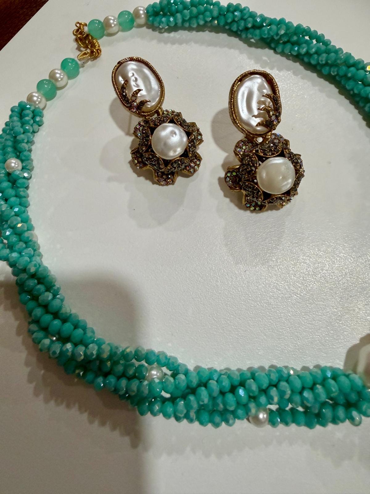 Turquoise Pearl Necklace Set | Baroque Pearl Pendant Jewelry | Handmade Beaded Choker & Earrings