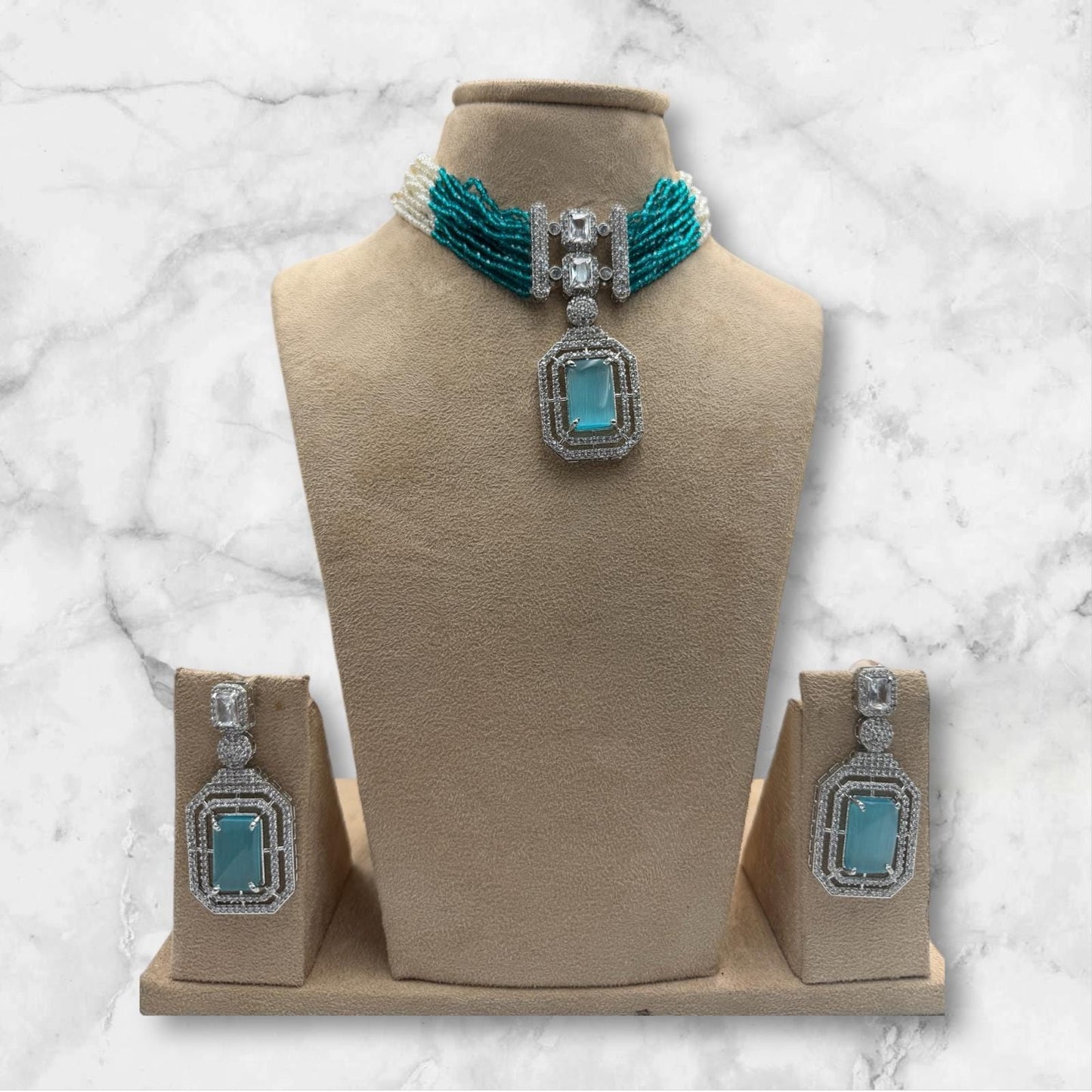 Royal Aqua Crystal Choker Set • Multi-Layer Beaded Necklace & Earrings • Elegant Statement Jewelry Gift