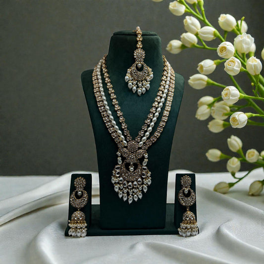 Kundan Pearl Bridal Jewelry Set • Long Necklace Earrings & Maang Tikka • Indian Wedding Statement Set
