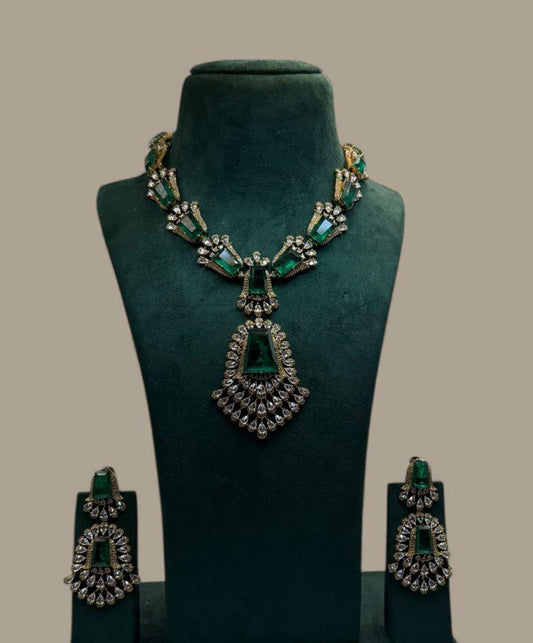 Emerald Green Ad  Necklace Set • Antique Gold Statement Necklace with Earrings • Bridal & Festive Jewelry