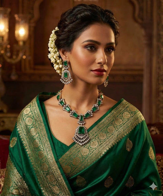 Emerald Green Ad Necklace Set • Antique Gold Statement Necklace with Earrings • Bridal & Festive Jewelry