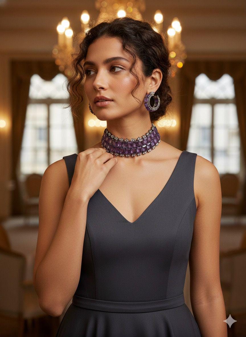 Purple Crystal Choker Necklace Set • Amethyst Statement Choker with Matching Earrings • Elegant Evening Jewelry