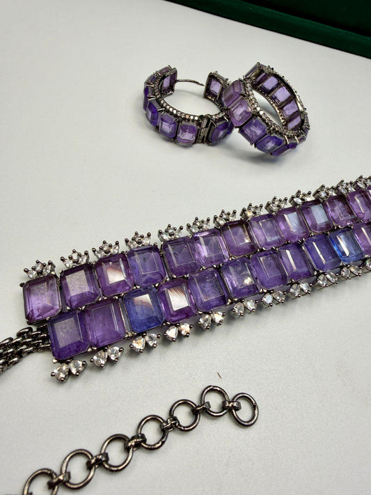 Purple Crystal Choker Necklace Set • Amethyst Statement Choker with Matching Earrings • Elegant Evening Jewelry