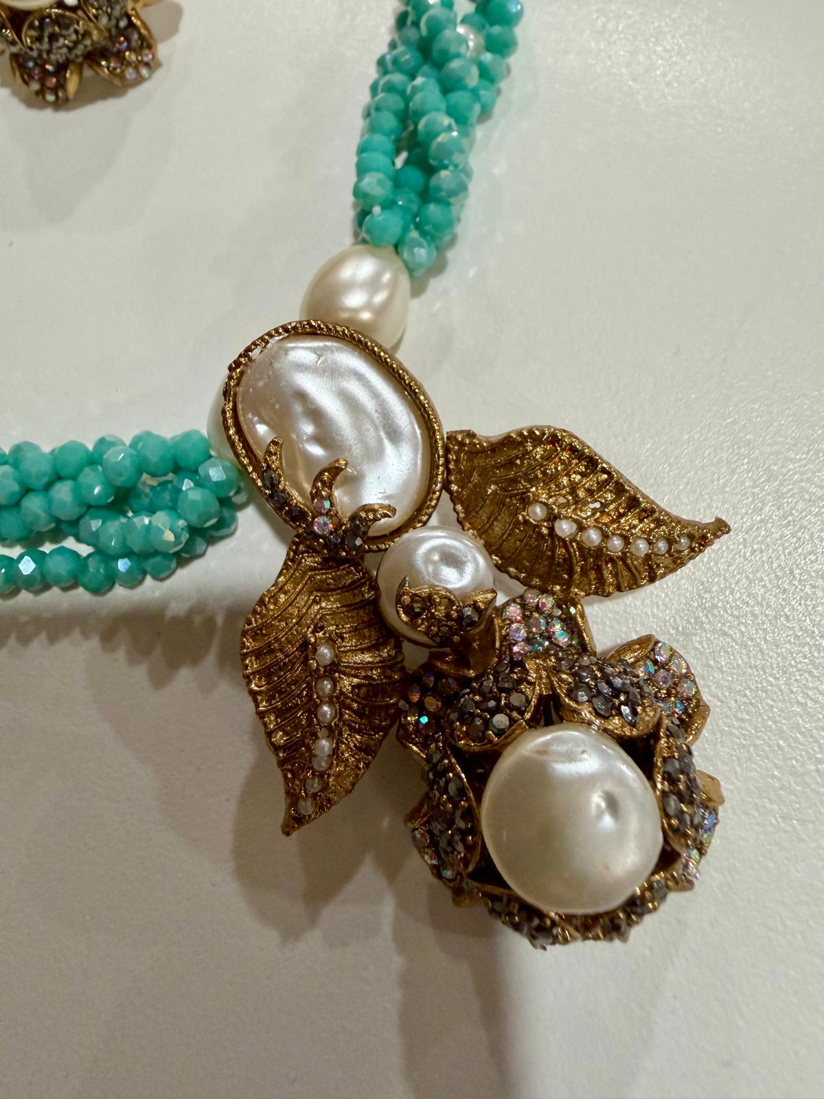 Turquoise Pearl Necklace Set | Baroque Pearl Pendant Jewelry | Handmade Beaded Choker & Earrings