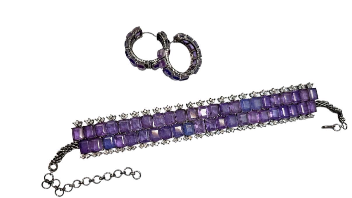 Purple Crystal Choker Necklace Set • Amethyst Statement Choker with Matching Earrings • Elegant Evening Jewelry