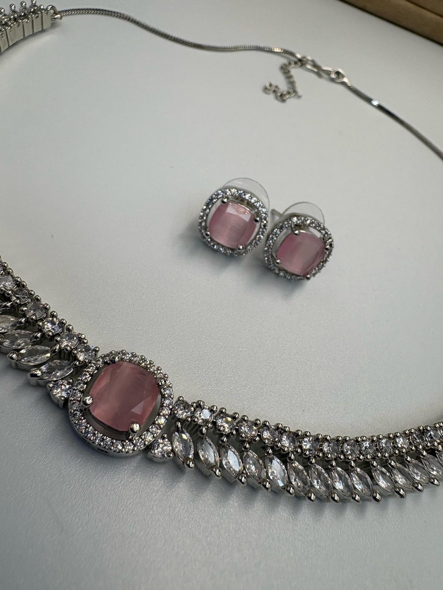 Silver tone delicate Necklace Set with Pink Center Accent • Elegant Necklace & Stud Earrings • Bridal Party Jewelry