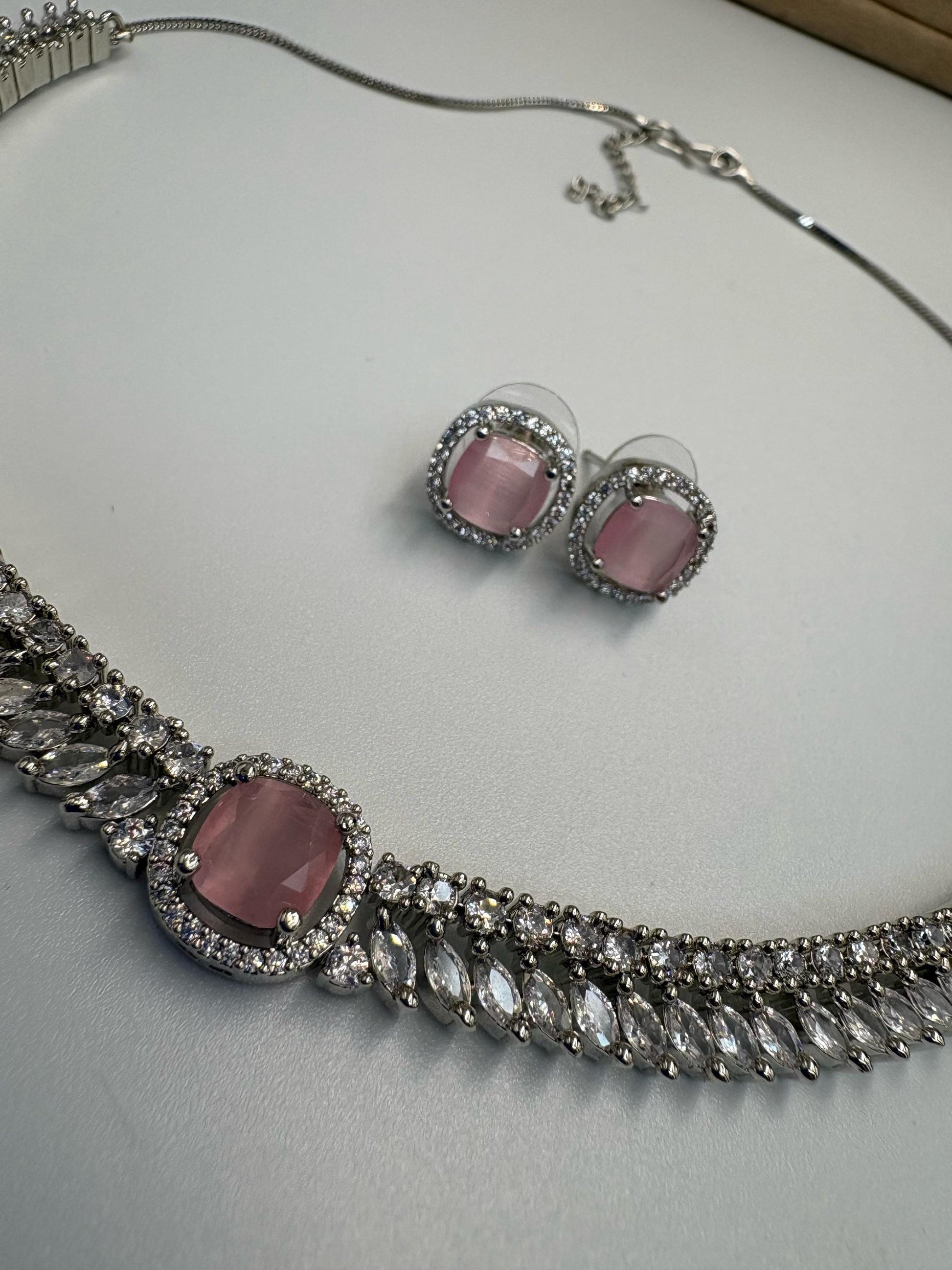 Silver tone delicate Necklace Set with Pink Center Accent • Elegant Necklace & Stud Earrings • Bridal Party Jewelry
