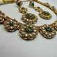 Gold Tone Floral Necklace Set with Earrings • Green Accent Bridal Jewelry • Wedding & Festive Statement Set