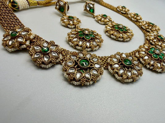 Gold Tone Floral Necklace Set with Earrings • Green Accent Bridal Jewelry • Wedding & Festive Statement Set