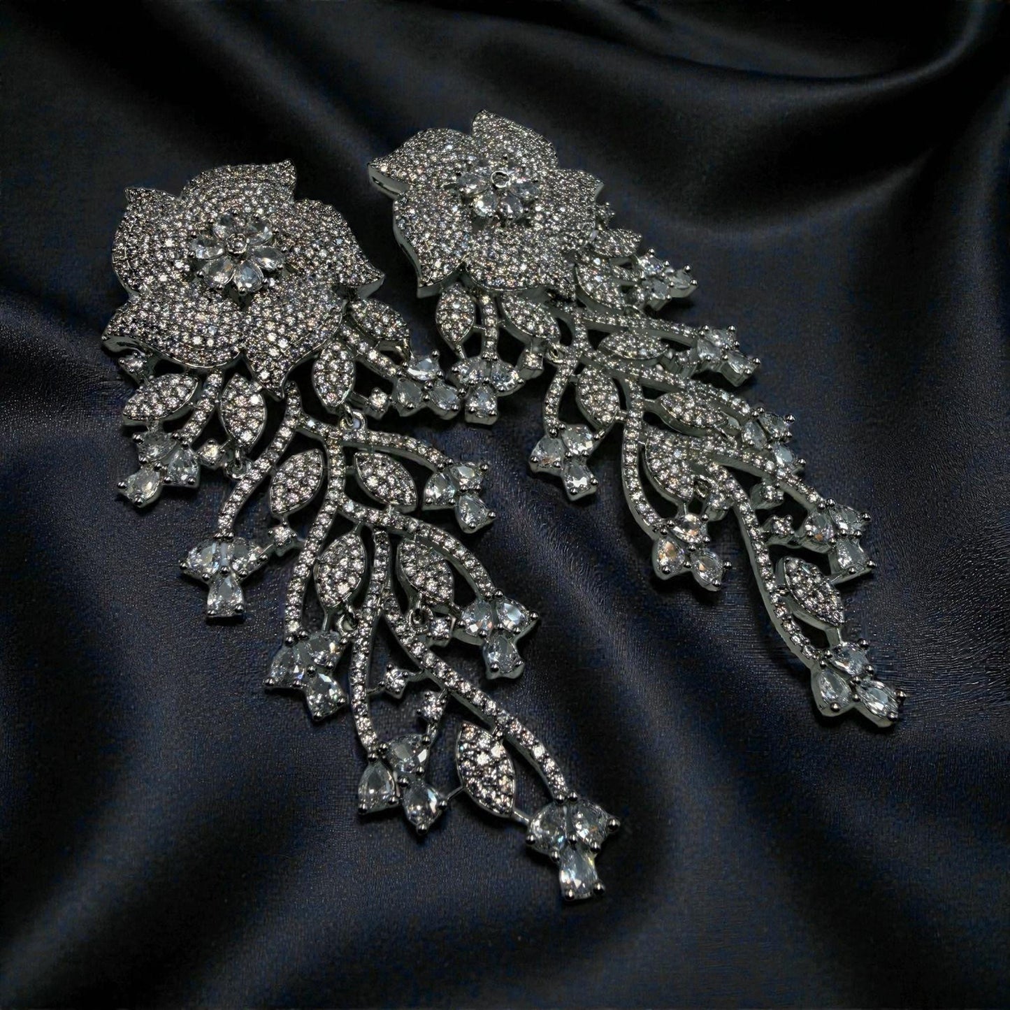 Silver Tone Floral Chandelier Earrings | Statement Bridal Drop Earrings for Wedding & Evening Wear