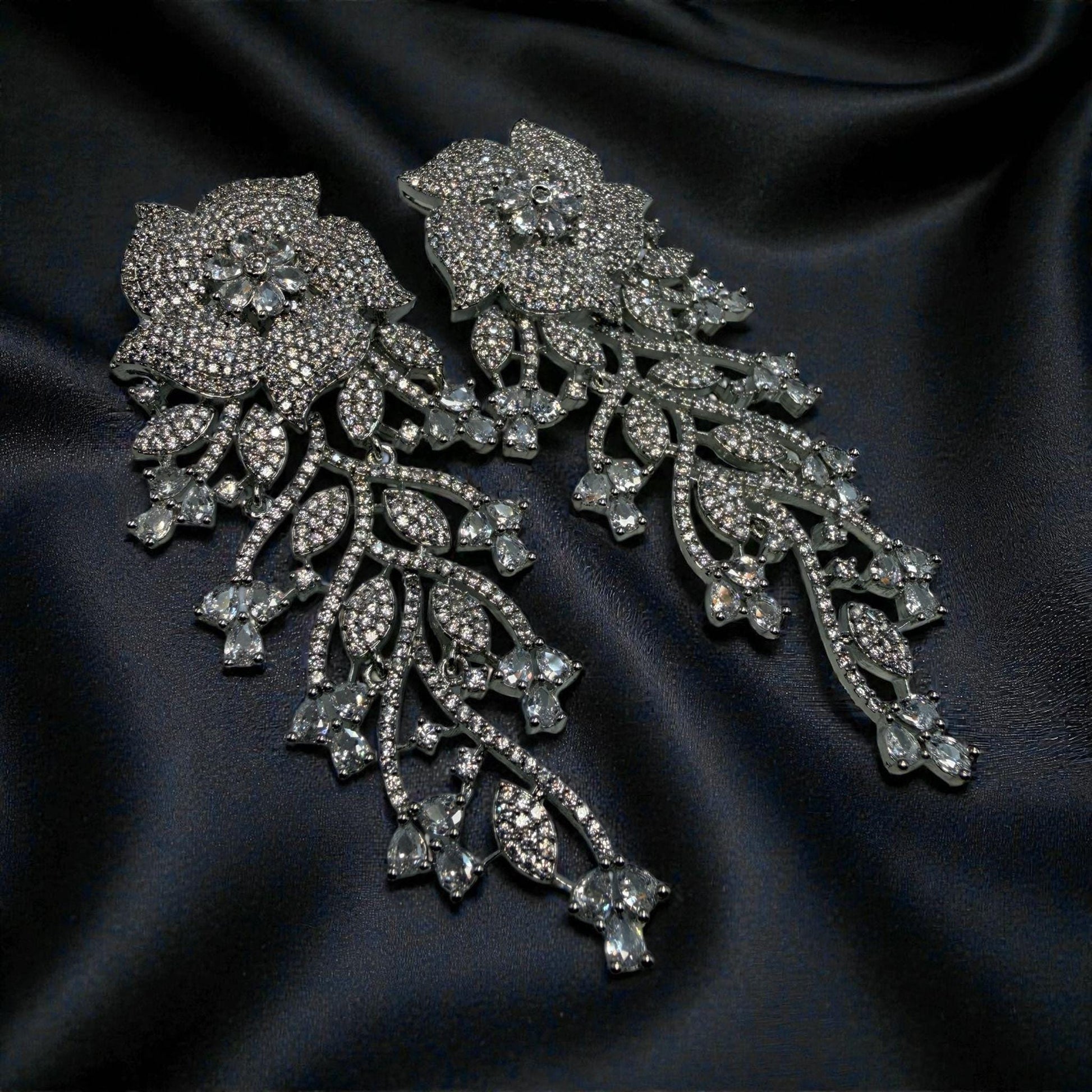 Silver Tone Floral Chandelier Earrings | Statement Bridal Drop Earrings for Wedding & Evening Wear