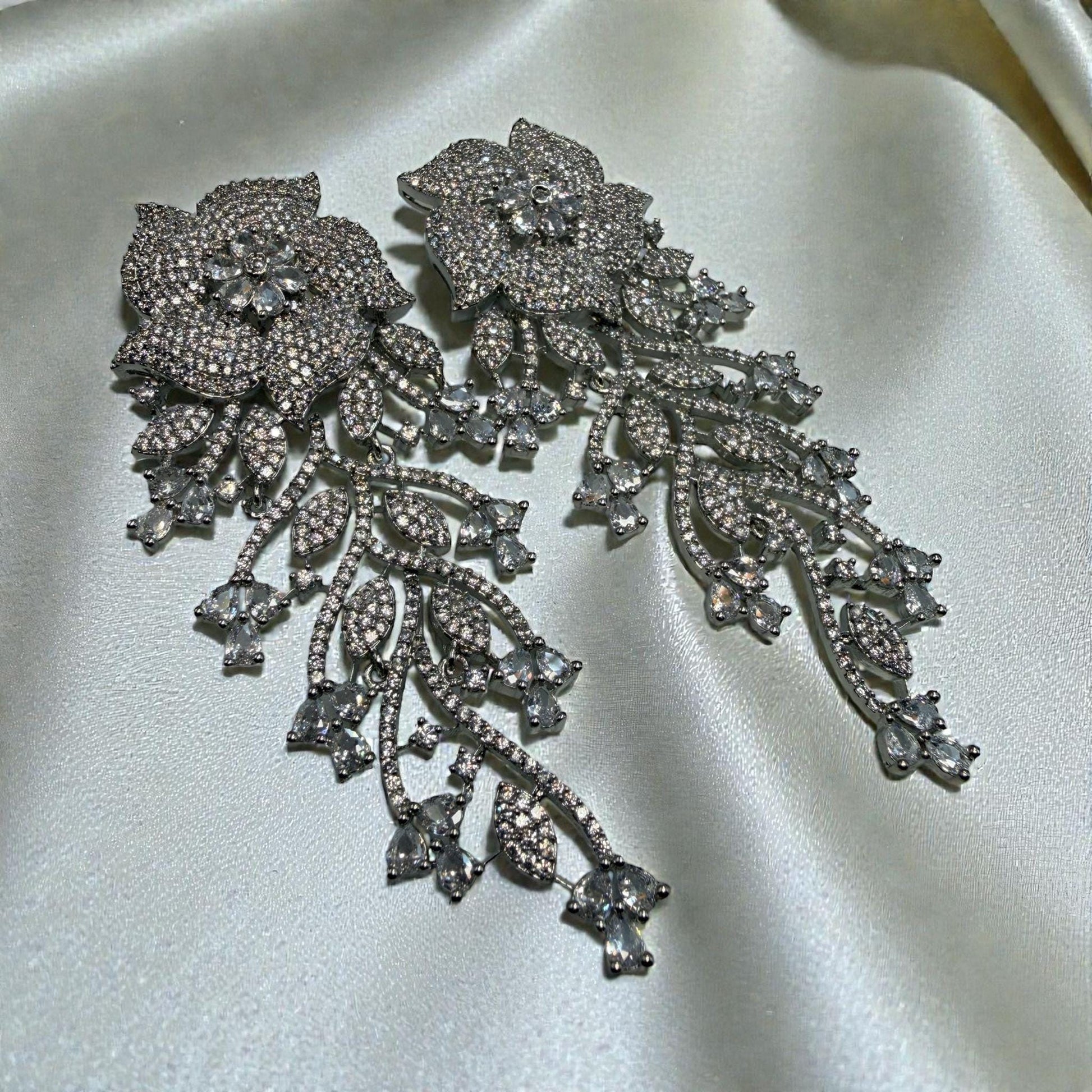 Silver Tone Floral Chandelier Earrings | Statement Bridal Drop Earrings for Wedding & Evening Wear