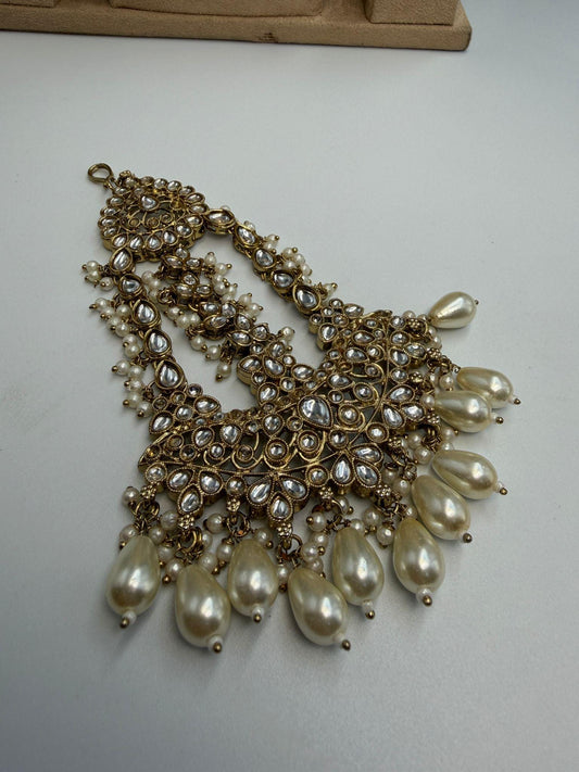 Gold Tone Kundan Style Statement Earrings with Pearl Drops | Bridal Indian Wedding Earrings | Traditional Festive Jewelry