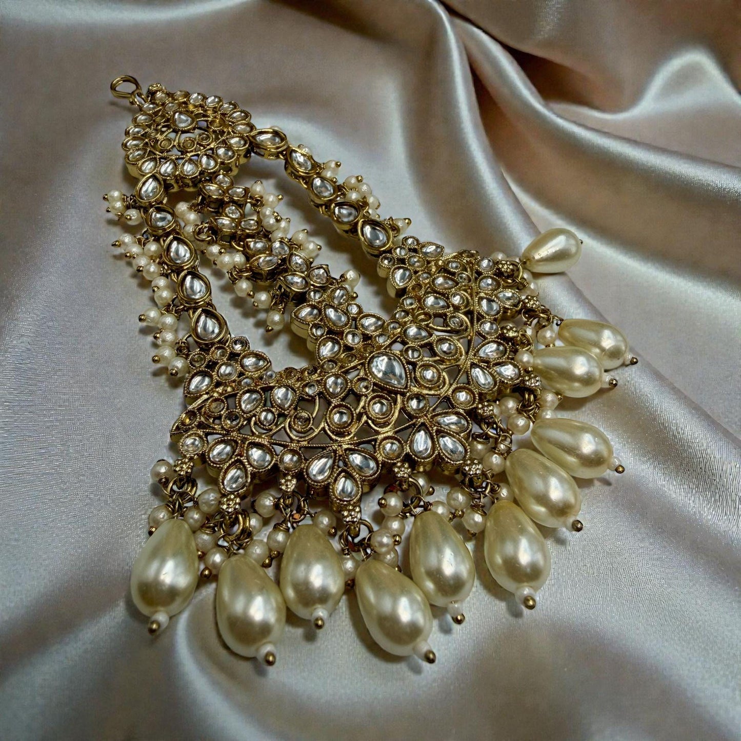 Gold Tone Kundan Style Statement Earrings with Pearl Drops | Bridal Indian Wedding Earrings | Traditional Festive Jewelry
