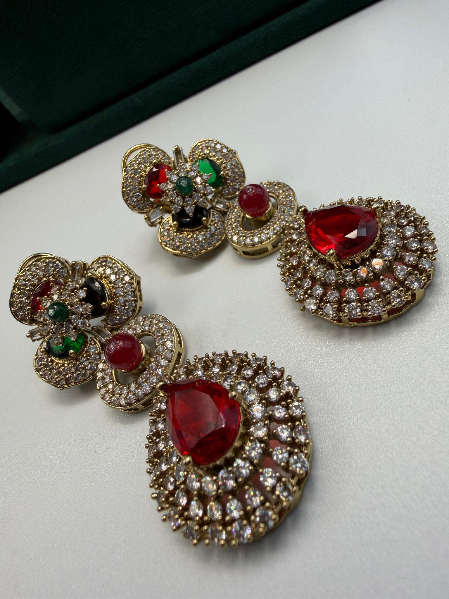 Multicolor Bridal Choker Necklace Set with Matching Earrings | Antique Gold Statement Wedding Jewelry