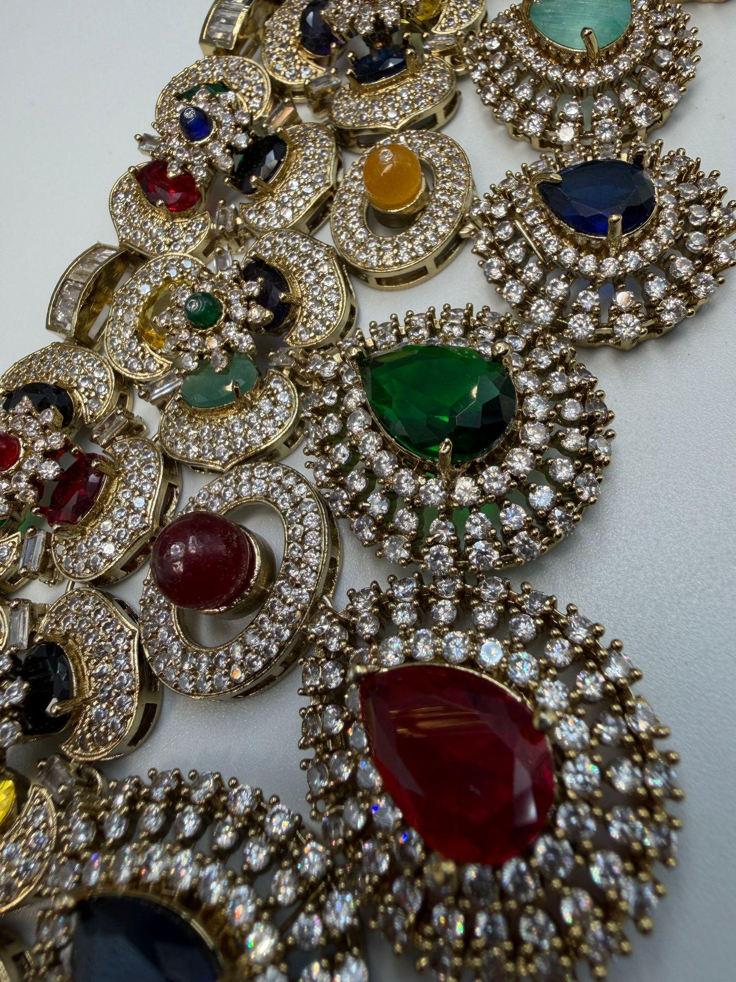 Multicolor Bridal Choker Necklace Set with Matching Earrings | Antique Gold Statement Wedding Jewelry