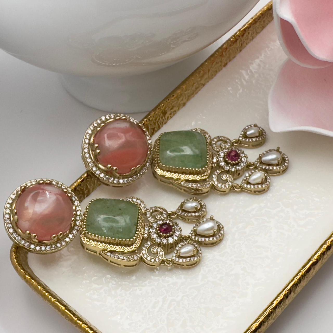 New  Gemstone Dangle Earrings, Purple Amethyst & Coral, Gold Tone, Pearl Accent, Statement Jewelry