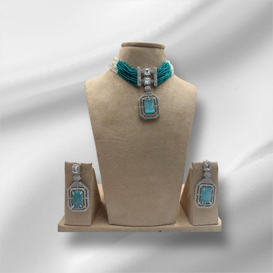 Royal Aqua Crystal Choker Set • Multi-Layer Beaded Necklace & Earrings • Elegant Statement Jewelry Gift