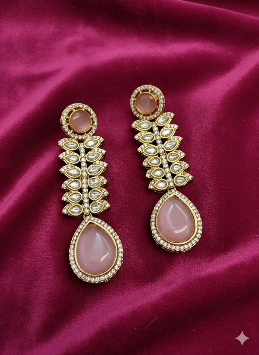 Elegant Kundan Drop Earrings • Gold CZ Stone Bridal Wedding Jewelry